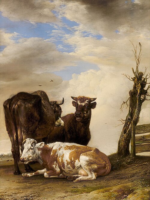 Two Cows and a Young Bull beside a Fence in a Meadow by Paulus Potter